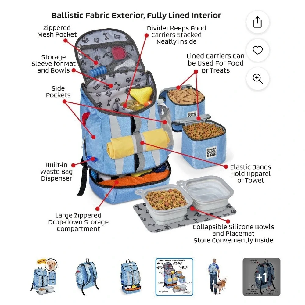 Dog Travel Backpack Organizer Mobile Dog Gear Large Blue Pet Carry Bag